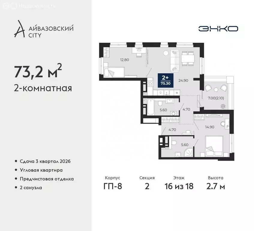 2-комнатная квартира: Тюмень, жилой комплекс Айвазовский Сити (73.2 м) - Фото 0