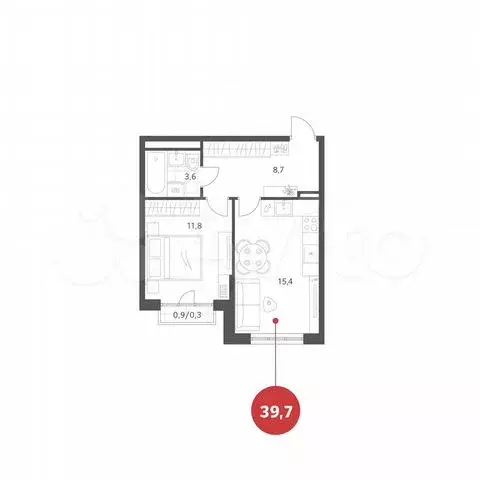 1-к. квартира, 39,7 м, 4/4 эт. - Фото 0