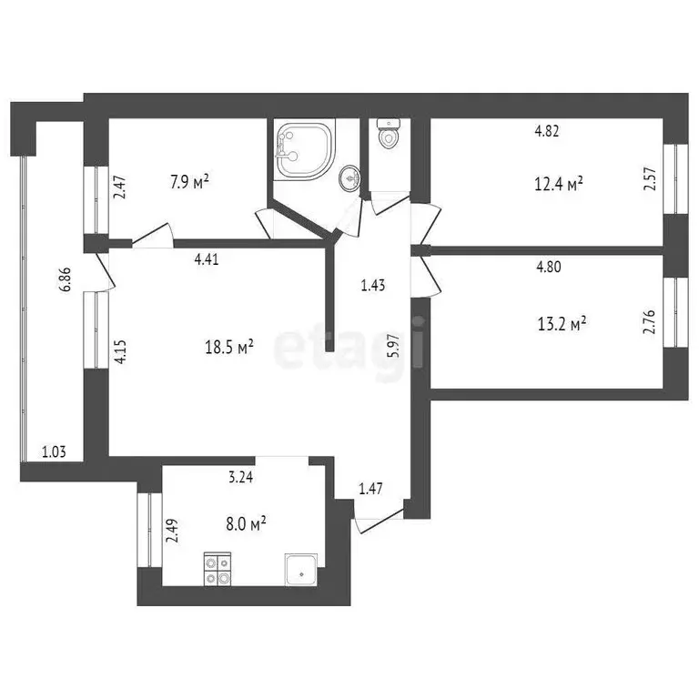 4-комнатная квартира: Тюмень, Широтная улица, 103 (74.3 м) - Фото 1