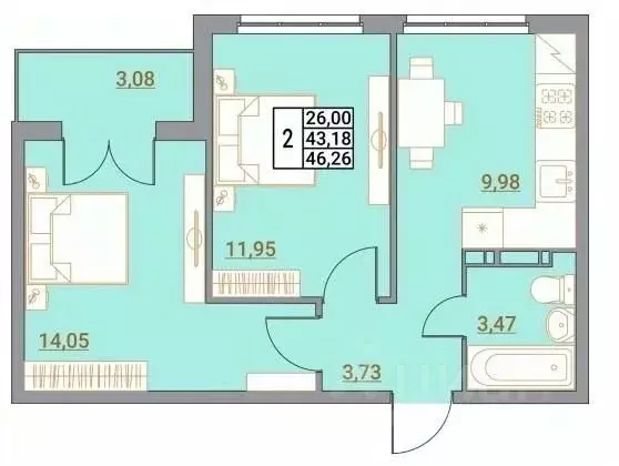 2-к кв. Волгоградская область, Волгоград Гагринская ул., 18 (46.26 м) - Фото 1