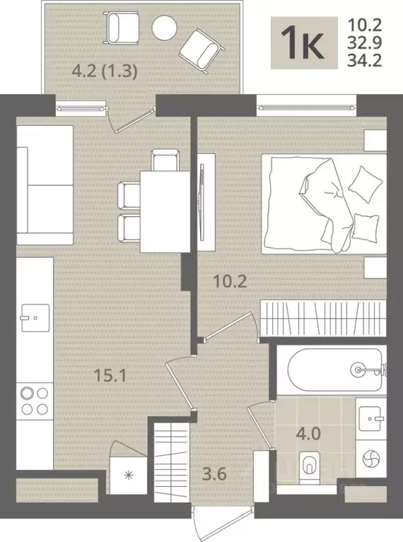 1-к кв. Калининградская область, Пионерский пос. Рыбное,  (34.2 м) - Фото 1