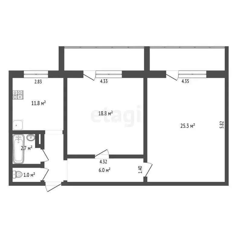 2-комнатная квартира: Чебаркуль, территория Санаторий Еловое, 8 (61.8 ... - Фото 1