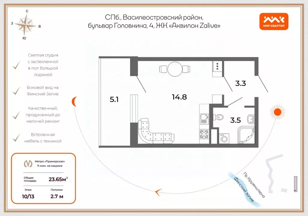 Студия Санкт-Петербург бул. Головнина, 10 (25.5 м) - Фото 1