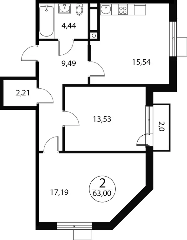 2-к квартира, 63 м - Фото 0