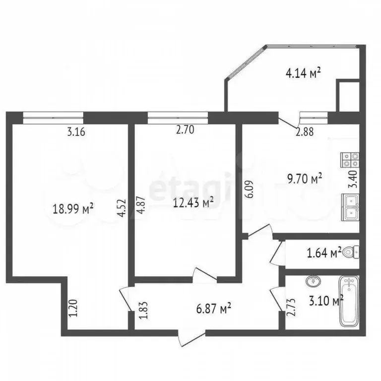 2-к. квартира, 51,6 м, 8/9 эт. - Фото 0