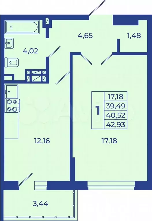 1-к. квартира, 42,9 м, 7/10 эт. - Фото 0