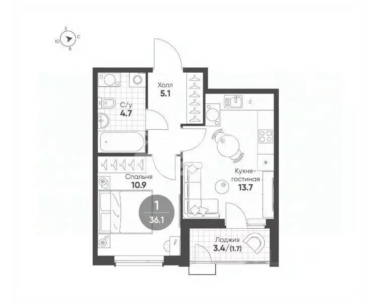 1-к кв. Омская область, Омск Волгоградская ул., 59 (39.0 м) - Фото 1