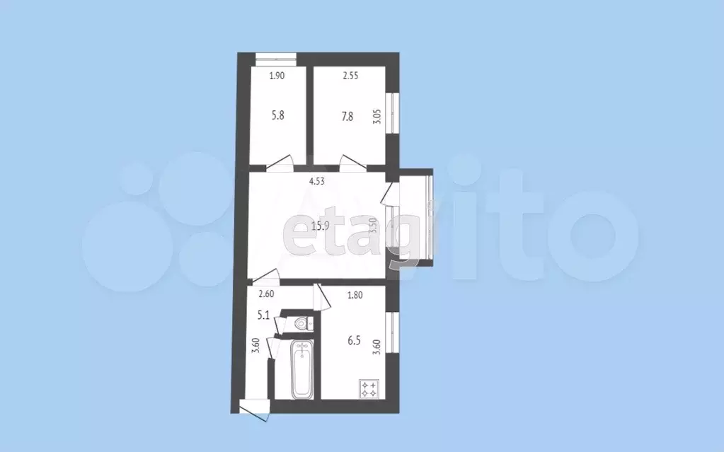 3-к. квартира, 44,6 м, 3/3 эт. - Фото 0