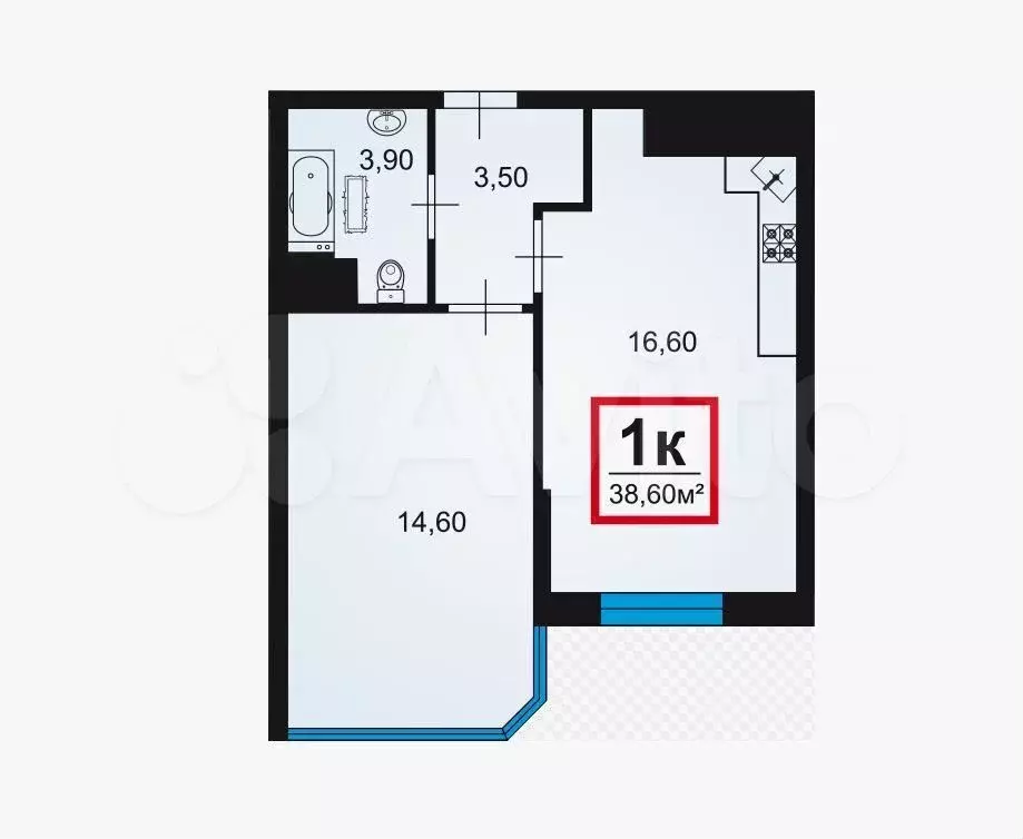 1-к. квартира, 39 м, 5/16 эт. - Фото 0