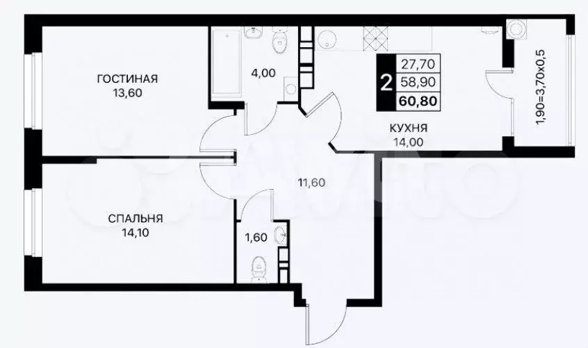 2-к. квартира, 60,8 м, 6/12 эт. - Фото 0