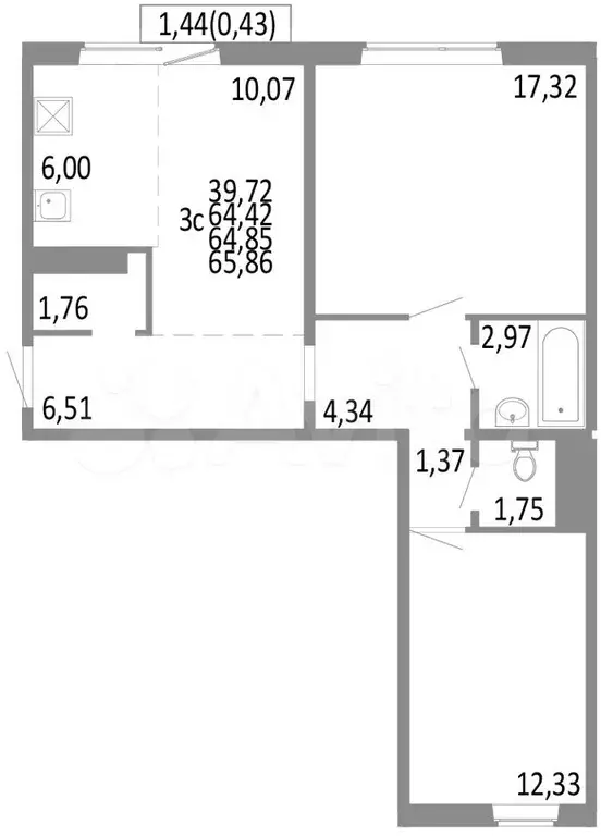 3-к. квартира, 64,9 м, 10/10 эт. - Фото 0