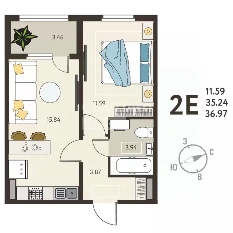 1-к кв. Курская область, Курск ул. Энгельса, 115 (31.83 м) - Фото 2