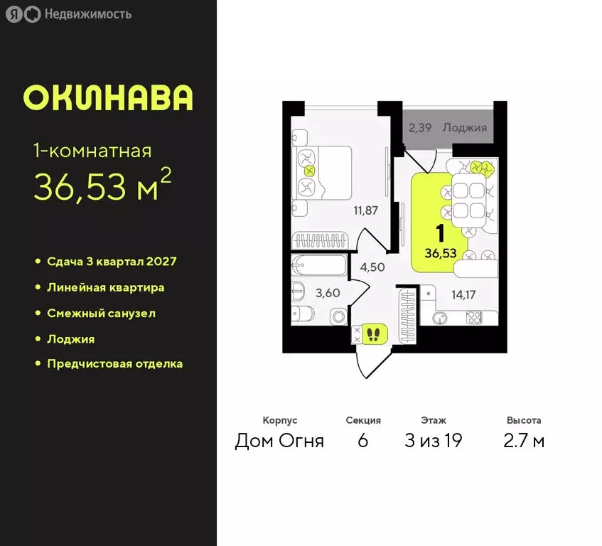 1-комнатная квартира: Тюмень, жилой комплекс Окинава (36.53 м) - Фото 0