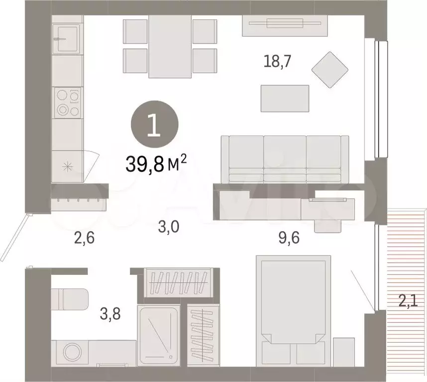 1-к. квартира, 39,8 м, 2/12 эт. - Фото 1