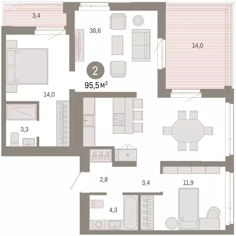 2-комнатная квартира: Тюмень, Ленинский округ (95.49 м) - Фото 1