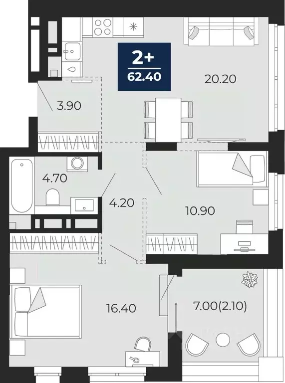 2-к кв. Тюменская область, Тюмень ул. Пожарных и Спасателей, 2 (62.4 ... - Фото 1