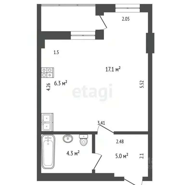 Студия Пермский край, Пермь ул. Крылова, 15 (34.0 м) - Фото 2