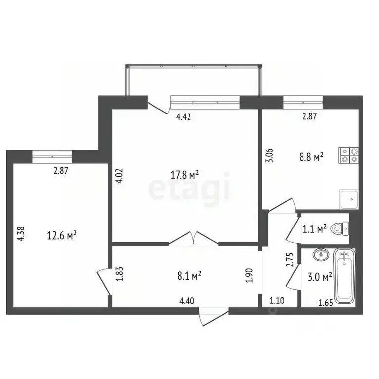 2-к кв. Кемеровская область, Кемерово пер. Нартова, 1А (54.2 м) - Фото 1
