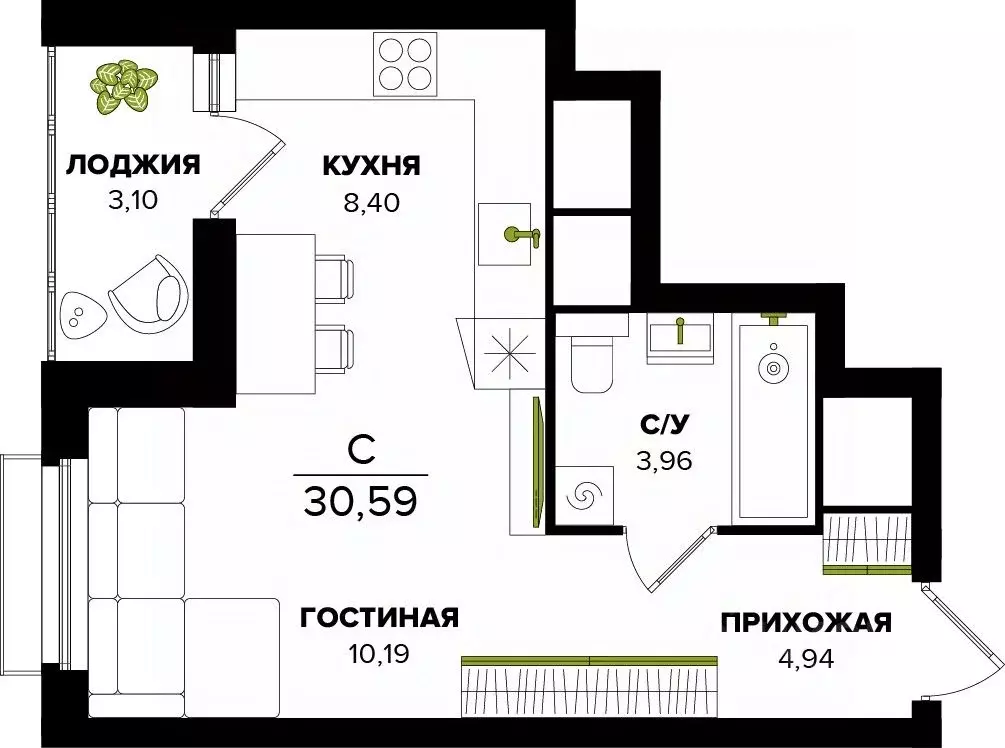 Студия Тульская область, Тула  (30.59 м) - Фото 0