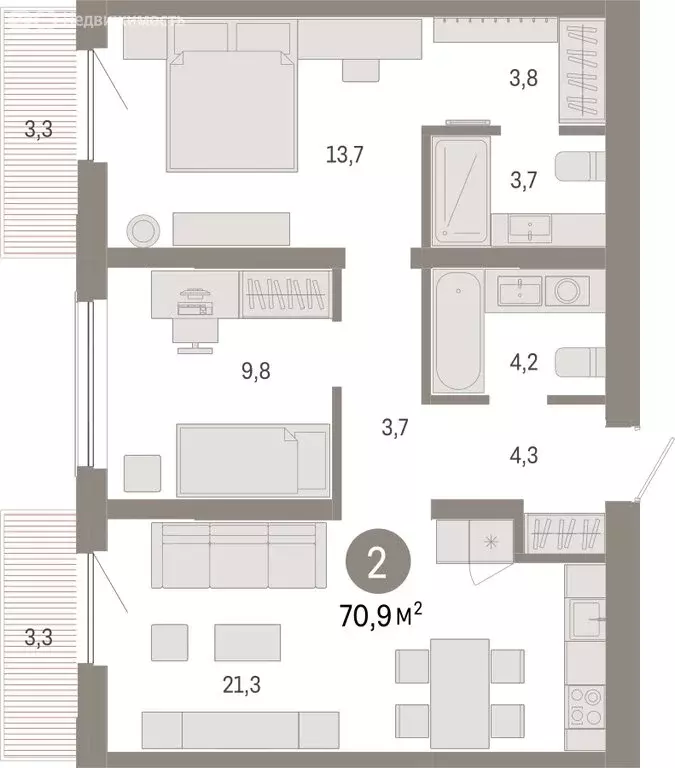 2-комнатная квартира: Новосибирск, Большевистская улица, с49 (70.94 м) - Фото 1