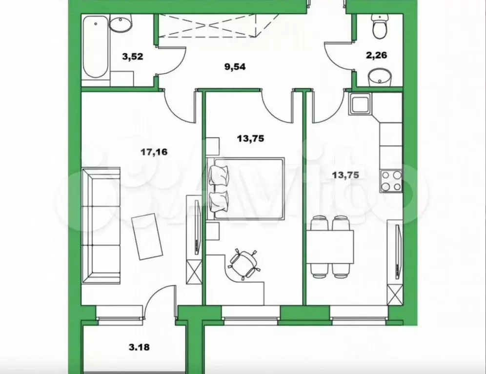 2-к. квартира, 60 м, 2/6 эт. - Фото 0