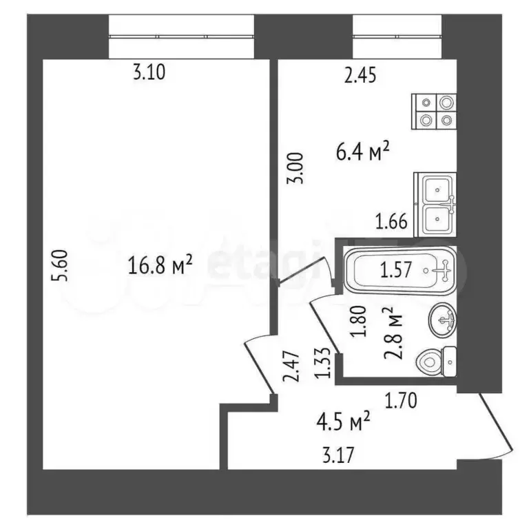 1-к. квартира, 30,5 м, 2/5 эт. - Фото 1