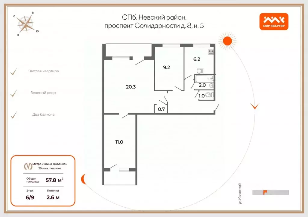 2-к кв. Санкт-Петербург просп. Солидарности, 8К5 (57.8 м) - Фото 1
