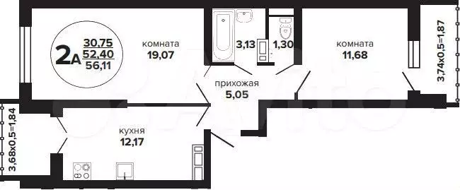 2-к. квартира, 56,1 м, 2/24 эт. - Фото 1