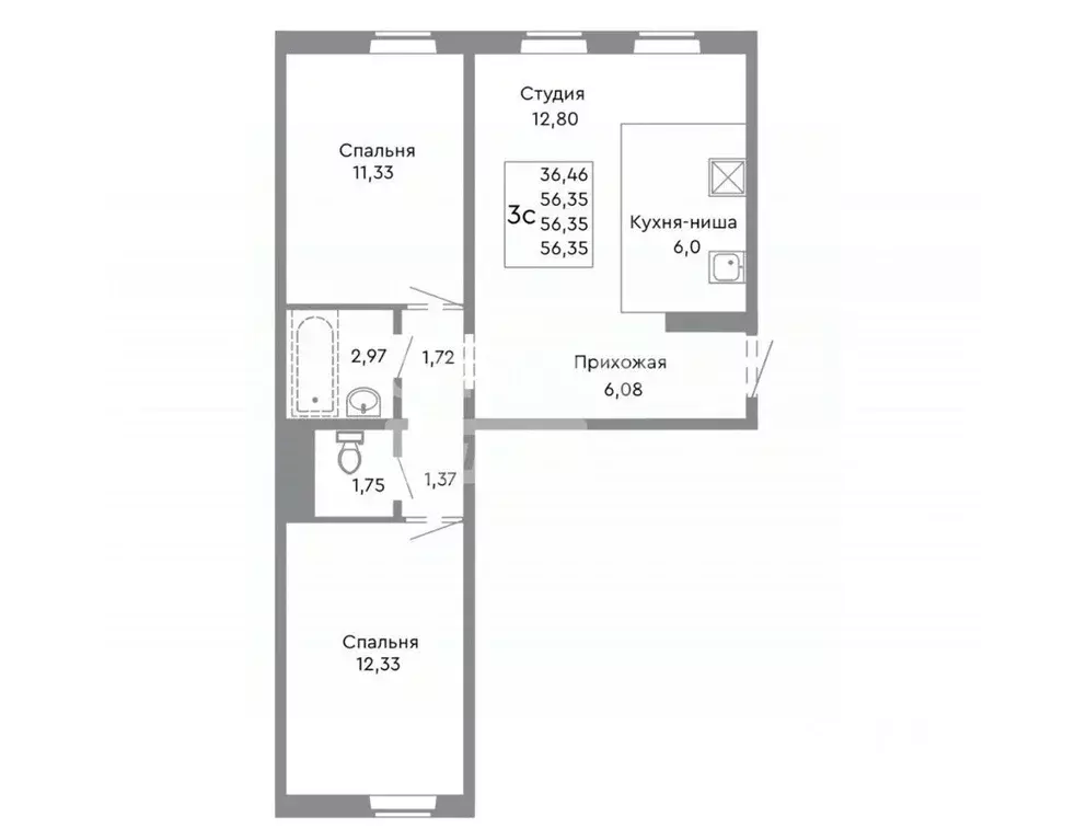 3-к кв. Челябинская область, Челябинск ул. Танкистов, 173А (56.0 м) - Фото 2