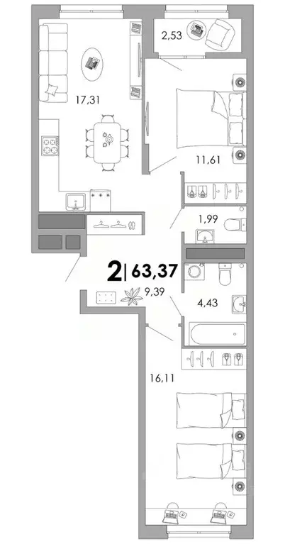 2-к кв. Владимирская область, Владимир Уно жилой комплекс (63.37 м) - Фото 1