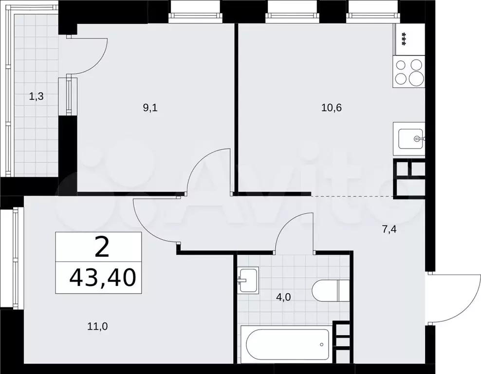 2-к. квартира, 43,4 м, 6/10 эт. - Фото 1