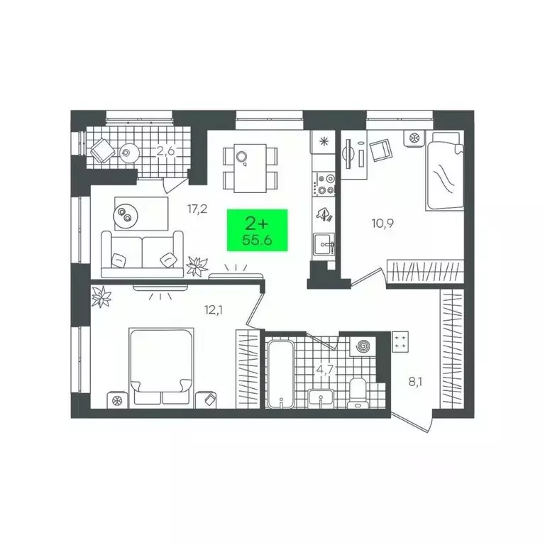 2-к кв. Тюменская область, Тюмень Комарово Парк жилрайон,  (55.6 м) - Фото 1