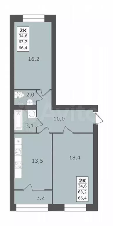 2-к. квартира, 66,4 м, 2/4 эт. - Фото 1