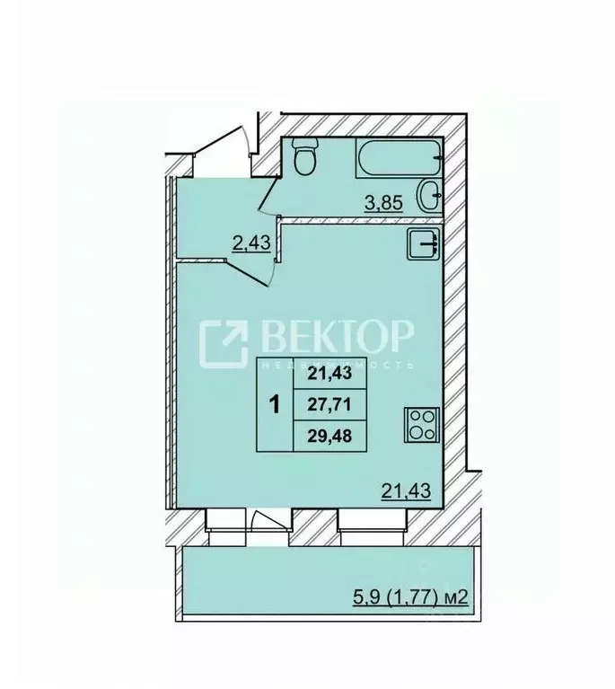 Студия Ярославская область, Ярославль ул. Батова, 10к2 (27.7 м) - Фото 2
