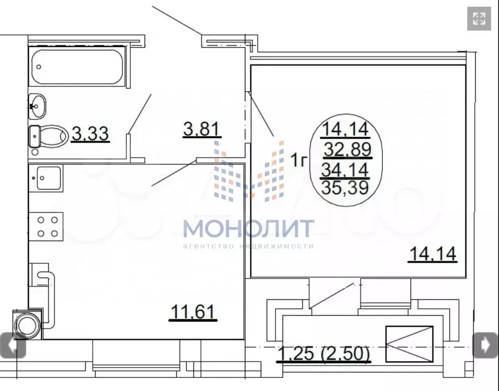 1-к. квартира, 36 м, 5/9 эт. - Фото 1