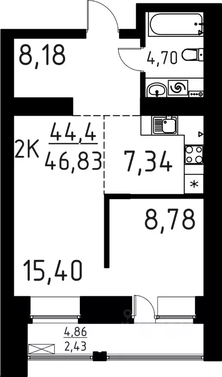 2-к кв. Томская область, Томск ул. Вершинина, 58к1 (46.83 м) - Фото 1
