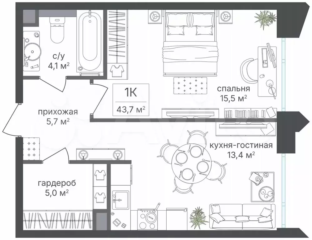 1-к. квартира, 43,7 м, 17/19 эт. - Фото 0