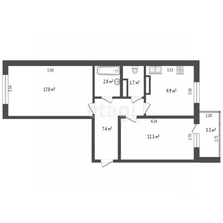 2-к кв. Омская область, Омск ул. Перелета, 22к1 (50.5 м) - Фото 2