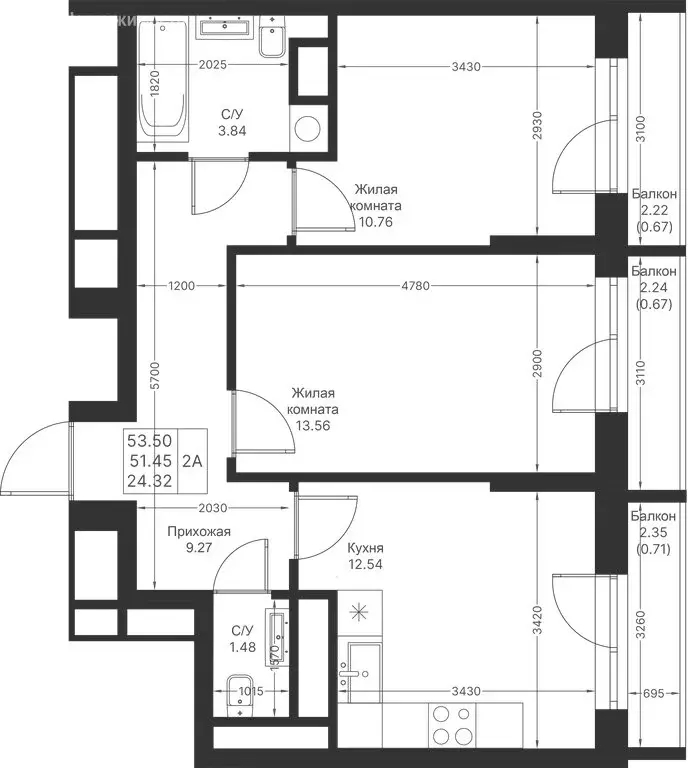 2-комнатная квартира: Казань, ЖК Мой Ритм (53.5 м) - Фото 1
