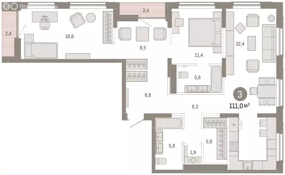 3-комнатная квартира: Тюмень, Краснооктябрьская улица, 4к2 (111.7 м) - Фото 2
