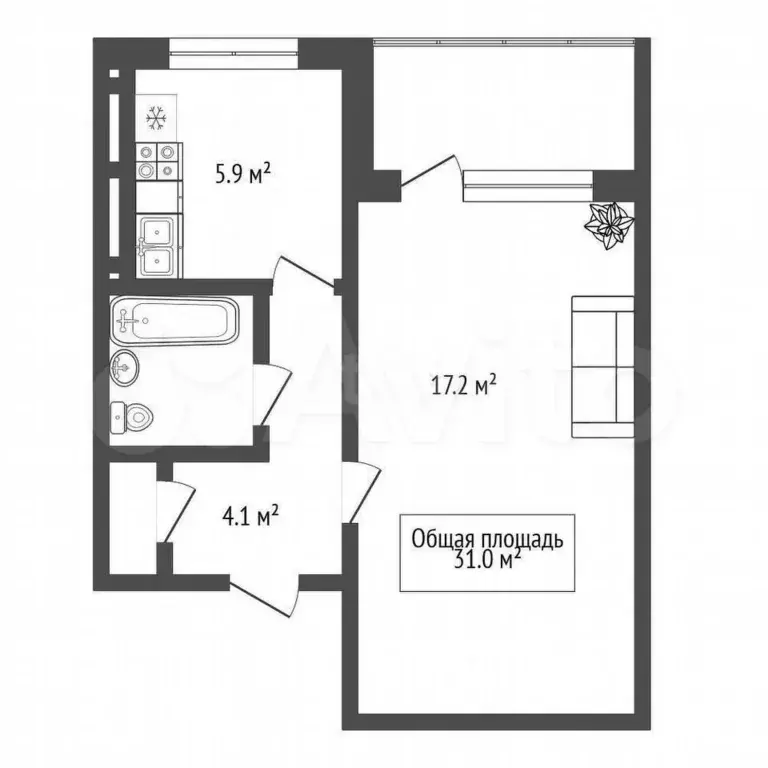 1-к. квартира, 31 м, 9/9 эт. - Фото 1