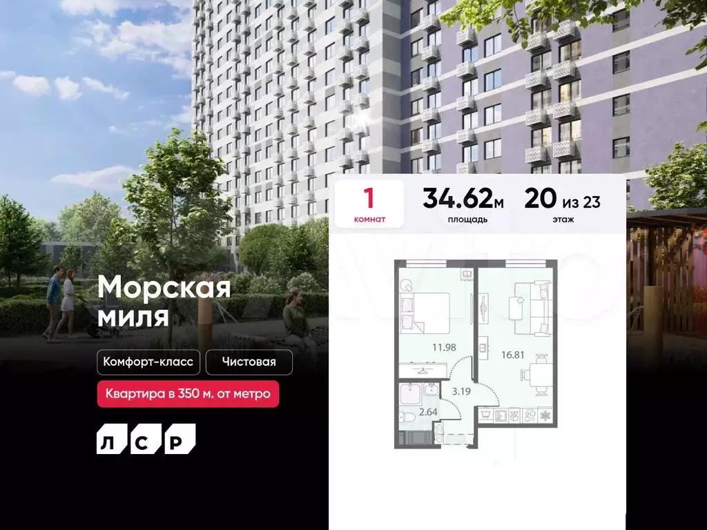 1-к. квартира, 34,6 м, 20/23 эт. - Фото 0
