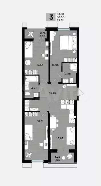 3-к. квартира, 86,6 м, 5/5 эт. - Фото 1