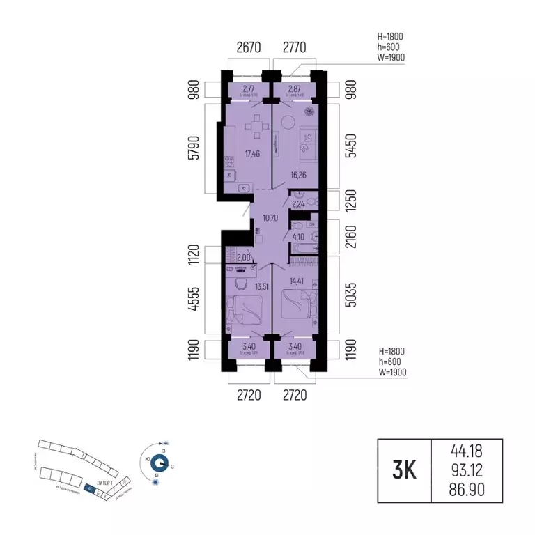 3-к кв. Башкортостан, Уфа Глумилино-1 мкр, Новатор жилой комплекс ... - Фото 1