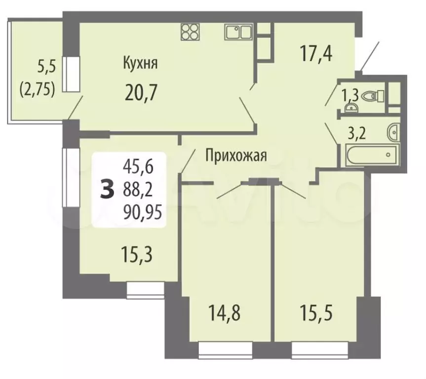 3-к. квартира, 91 м, 2/15 эт. - Фото 0