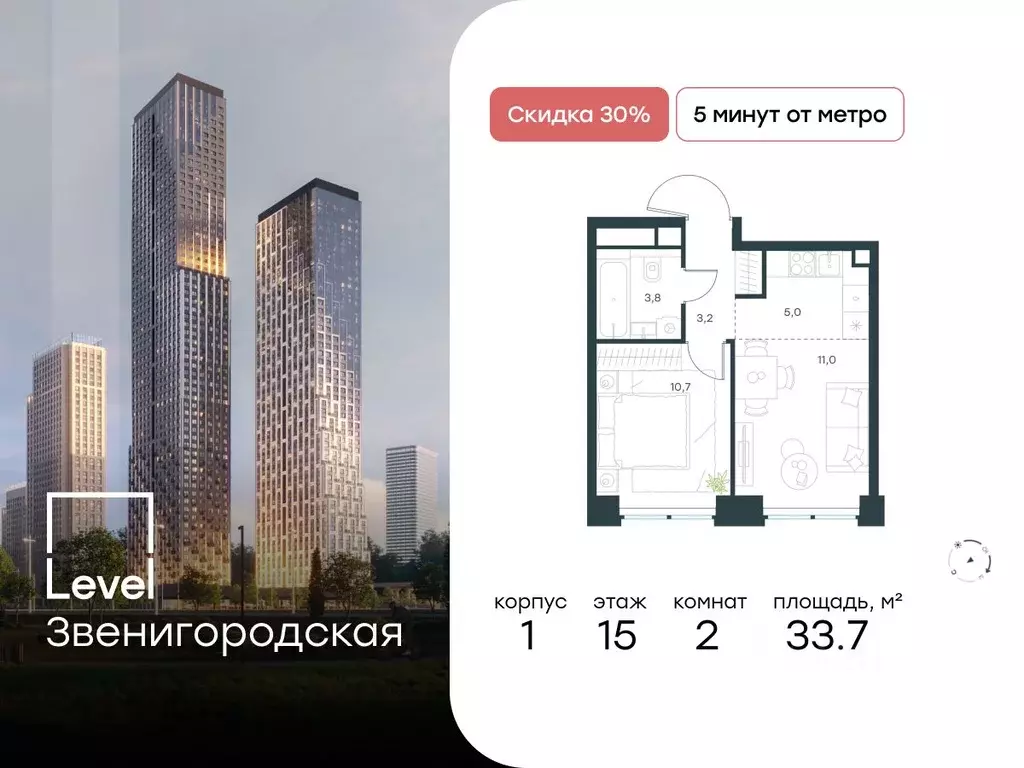 2-к кв. Москва Левел Звенигородская жилой комплекс (33.7 м) - Фото 0