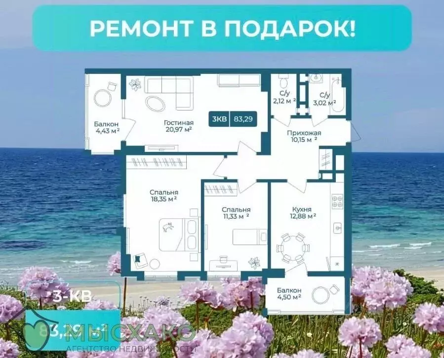 3-к кв. Краснодарский край, Новороссийск просп. Дзержинского (83.29 м) - Фото 0