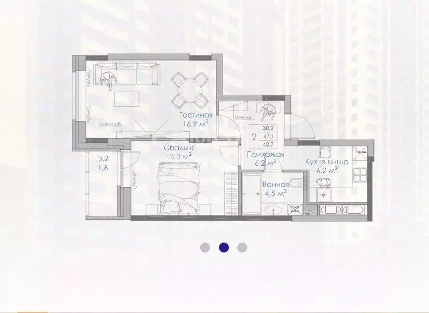 2-к кв. Липецкая область, Липецк Московская ул., 159к2 (48.7 м) - Фото 2