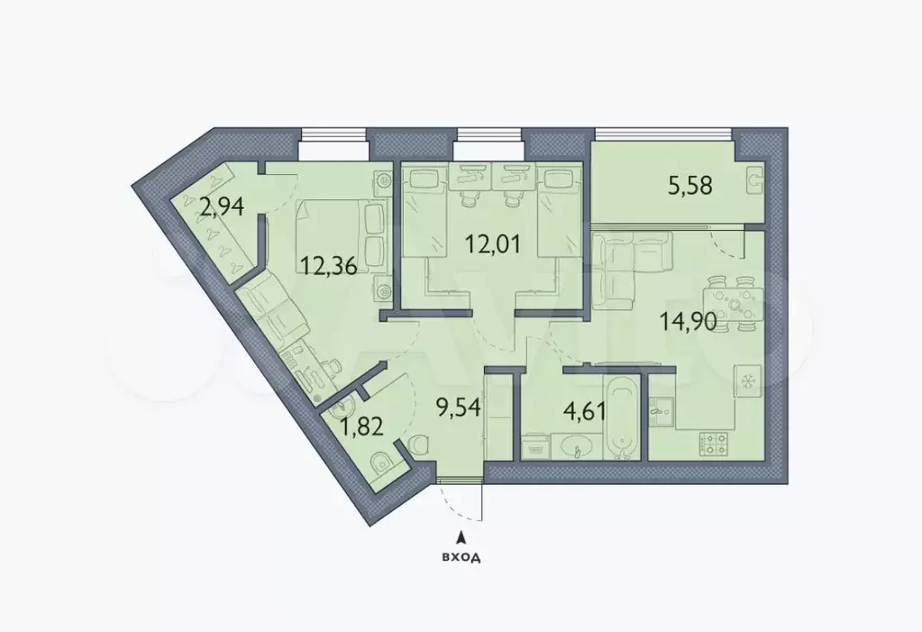 2-к. квартира, 63,8 м, 4/6 эт. - Фото 1