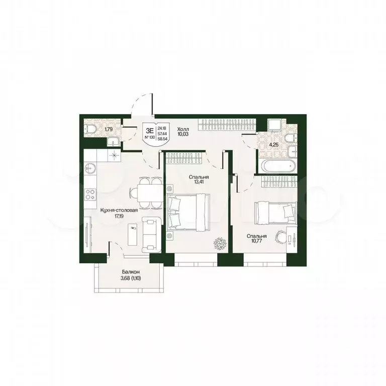 2-к. квартира, 58,5 м, 4/4 эт. - Фото 0